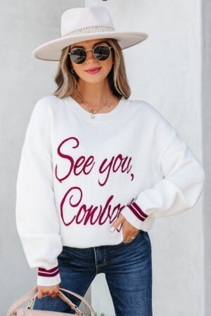 White See You Cowboy Embroidered Western Graphic Sweater - Image 8