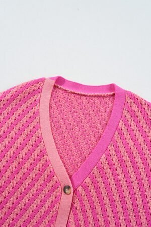 Pink Striped Buttoned V Neck Drop Shoulder Cardigan - Image 7