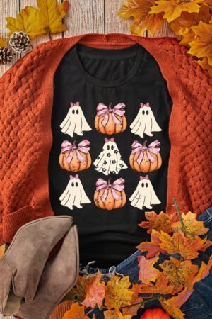 Black Bowknot Ghost Pumpkin Graphic Halloween T Shirt - Image 2