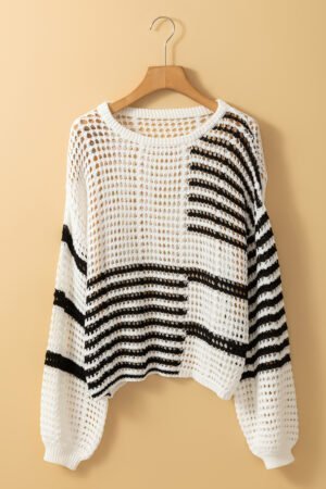 White Stripe Contrast Striped Crochet Puff Sleeve Sweater - Image 5