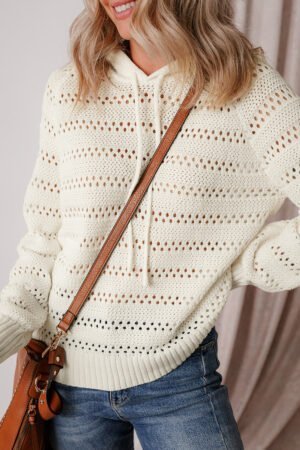 White Pointelle Knit Raglan Sleeve Hooded Sweater - Image 4