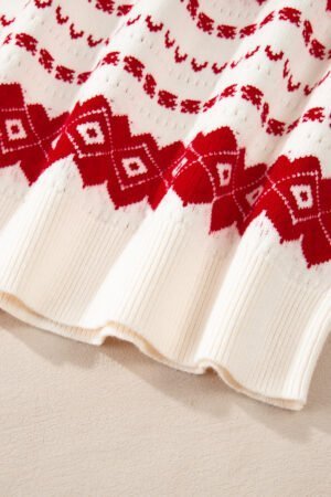 White Western Geometric Patterned Crew Neck Loose Sweater - Image 7
