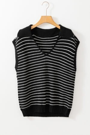 Black Stripe Turn-down V Neck Sweater Tank Top - Image 4