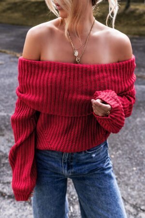 Racing Red Off-the-shoulder Knit Sweater - Image 4
