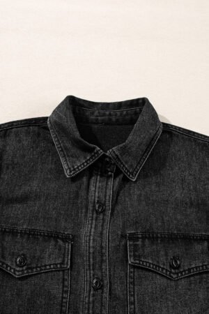 Black Flap Pocket Buttons Collared Jean Jacket - Image 8