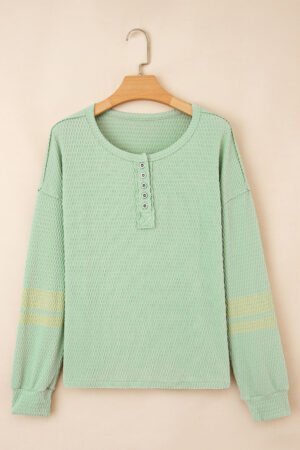 Meadow Mist Green Textured Knit Drop Shoulder Color Block Detail Long Sleeve Henley Top - Image 4