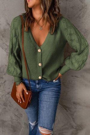 Green Bishop Sleeve Button V Neck Cardigan Sweater - Image 2