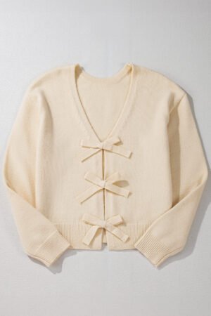 Jet Stream Bowknot Front Loose V Neck Knitted Cardigan - Image 5