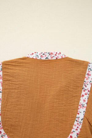 Straw Yellow Split Neck Pleated Floral Trim Long Puff Sleeve Blouse - Image 4