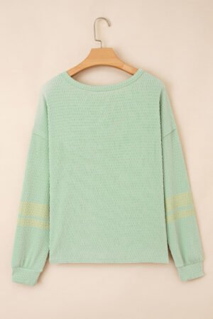 Meadow Mist Green Textured Knit Drop Shoulder Color Block Detail Long Sleeve Henley Top - Image 5