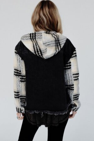 Black Plaid Sleeve Frayed Hem Hooded Denim Jacket - Image 3