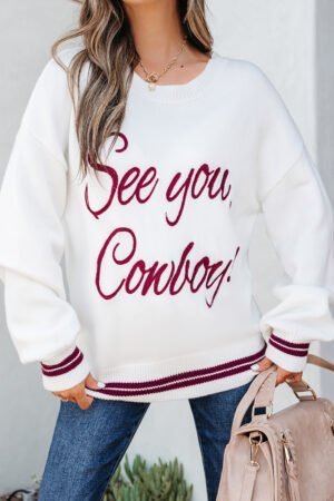 White See You Cowboy Embroidered Western Graphic Sweater - Image 12