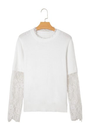 Beige Lace Sleeve Patchwork Faux Two-piece Fuzzy Sweater - Image 19