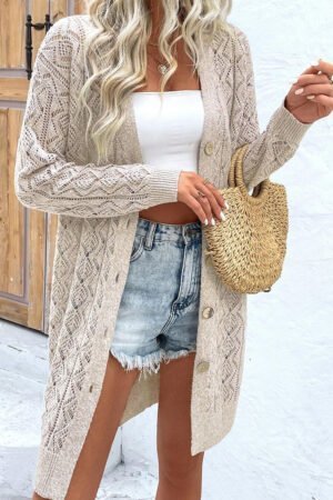 Parchment Hollow Out Buttons Front Long Cardigan - Image 4