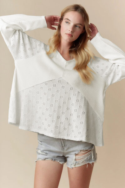 White Twisted Rib Patchwork Embroidered Loose V Neck Long Sleeve Top