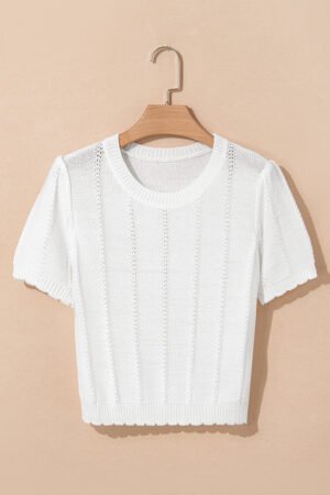 White Pointelle Knit Short Puff Sleeve Crewneck Sweater - Image 6