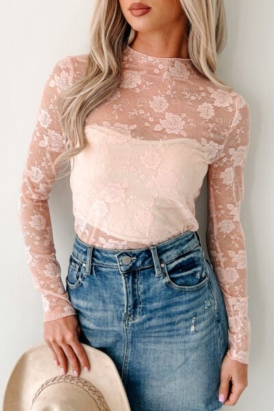 Apricot Pink Sheer Floral Lace Mesh Mock Neck Long Sleeve Top