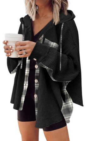 Black Waffle Knit Plaid Patchwork Drawstring Hooded Shacket - Image 3
