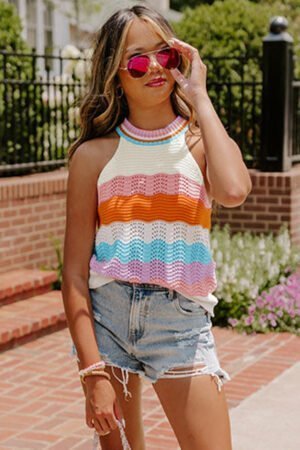 Multicolour Wavy Striped Print Textured Knit Sleeveless Sweater Top - Image 2