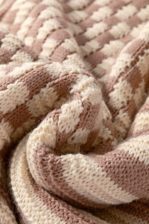 Khaki Stripe Checkerboard Drop Shoulder Balloon Sleeve Sweater - Image 8