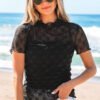 Black Bowknot Sheer Mesh Mock Neck Lettuce Trim Short Sleeve Top