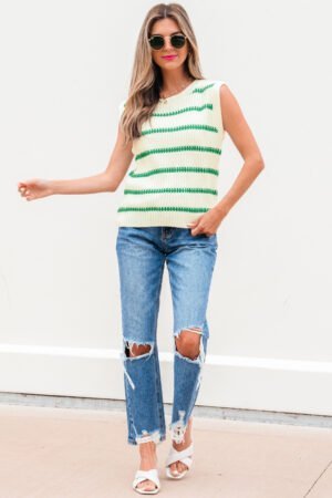 Bright Green Striped Round Neck Casual Sweater Vest - Image 5
