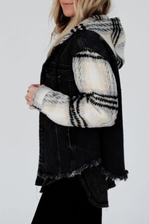 Black Plaid Sleeve Frayed Hem Hooded Denim Jacket - Image 4