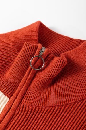 Brown Stripe Color Block Quarter Zip Collar Short Sleeve Sweater Dress - Image 8