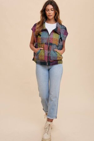 Multicolor Plaid Print Side Pockets Zipped Loose Vest - Image 5