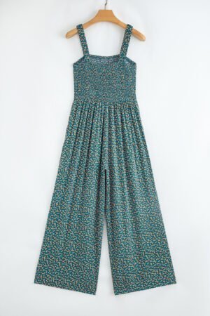 Green Floral Print Smocked High Waist Square Neck Jumpsuit - Image 4
