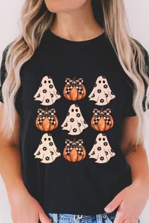 Black Halloween Ghost Pumpkin Print Crew Neck T Shirt - Image 8