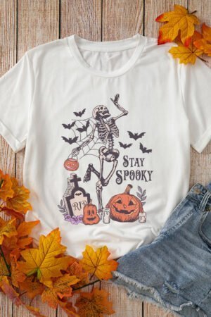 White Skull Pumpkin Face STAY SPOOKY Graphic Halloween T Shirt - Image 6