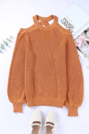 Brown Crew Neck Cold Shoulder Hollow-out Back Sweater - Image 6