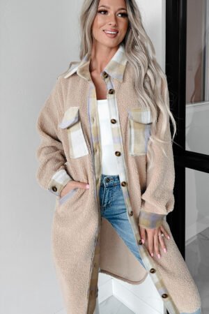 Smoke Gray Plaid Patchwork Collared Button-up Sherpa Long Coat - Image 3