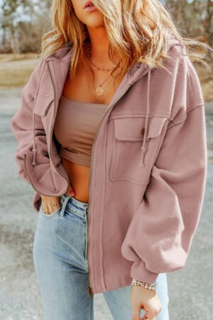 Pink Flap Pocket Drawstring Hood Zip Up Jacket - Image 4
