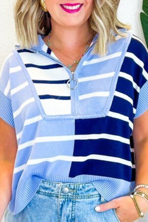 Sky Blue Stripe Colorblock Quarter Zip Collar Sweater Vest - Image 4