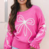 Bright Pink Corded Flower Bow Ribbed Trim Casual Sweater