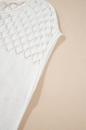 White Eyelet Knit Tied Back Short Sleeve Sweater - Image 6