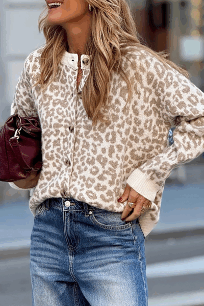 Khaki Leopard Drop Shoulder Chunky Knitted Cardigan Sweater