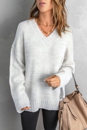 Alternative view of White V neck Drop Shoulder Knitted Sweater