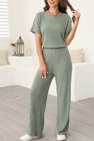 Laurel Green Ribbed Keyhole Short Sleeve Wide Leg Jumpsuit