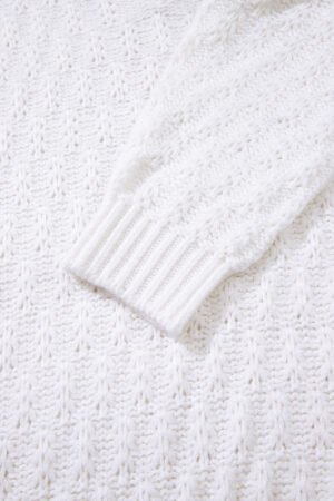 White Textured Knit Ribbed Edge V Neck Loose Sweater - Image 8