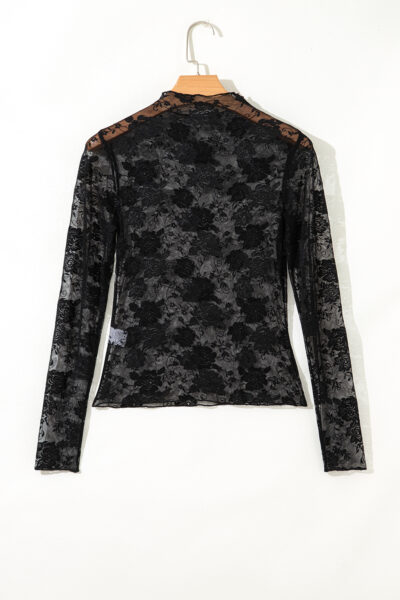 Black Sheer Floral Lace Mesh Mock Neck Long Sleeve Top