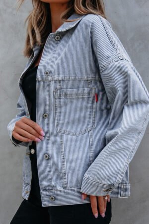 Sky Blue Stripe Washed Oversize Pocketed Denim Jacket - Image 4