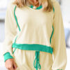 White Contrast Trim Colorblock Long Sleeve Pullover and Drawstring Shorts 2pcs Outfit