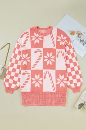 Pink Candycane Snowflake Checker Christmas Holiday Drop Shoulder Tunic Loose Sweater - Image 3