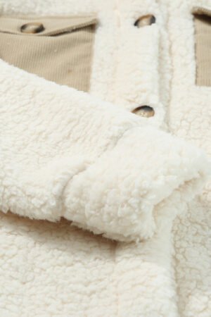 Beige Contrast Flap Pocket Single Breasted Teddy Coat - Image 8
