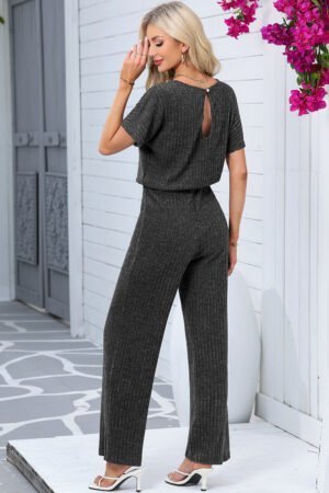 Dark Grey Ribbed Keyhole Short Sleeve Wide Leg Jumpsuit - Image 2