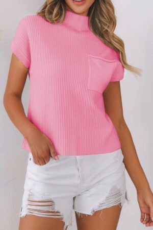 Pink Patch Pocket Ribbed Knit Short Sleeve Sweater - Image 2