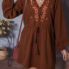 Burgundy Floral Embroidered Tassel Tie Waist Long Sleeve Mini Dress